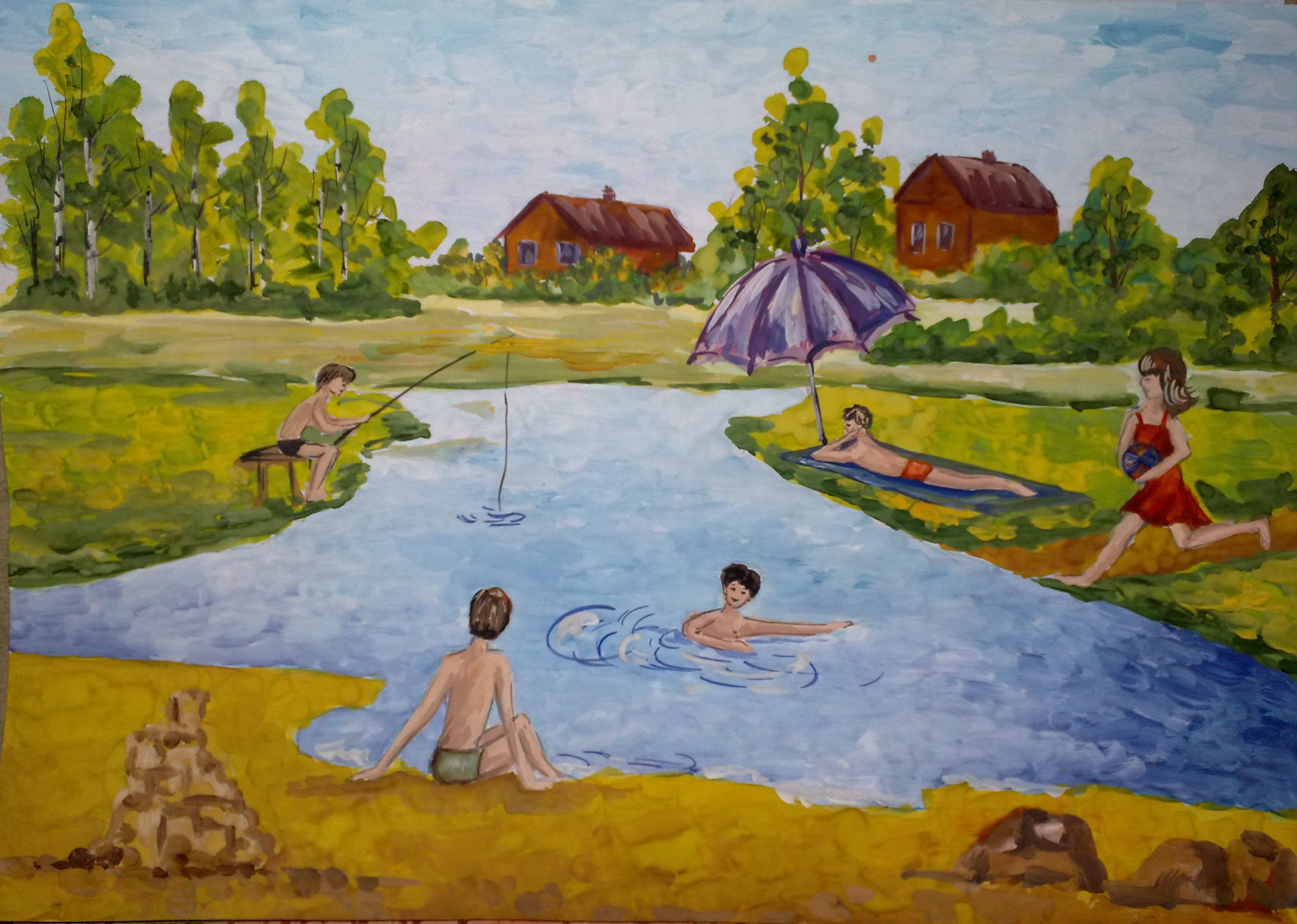 Рисунок дети купаются в речке